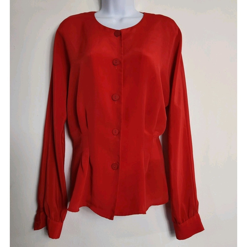 Vintage Bice Red Blouse Size 8 Long Sleeve Button Front Secretary Career Top 90s